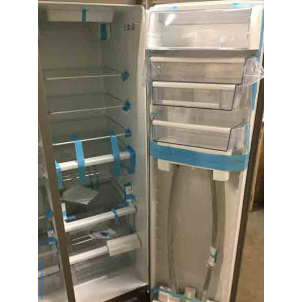 Brand-New 26 Cu. Ft. Stainless Side-by-Side Refrigerator, Water Dispenser, LED Lighting, Glass Shelves, 36″ Wide