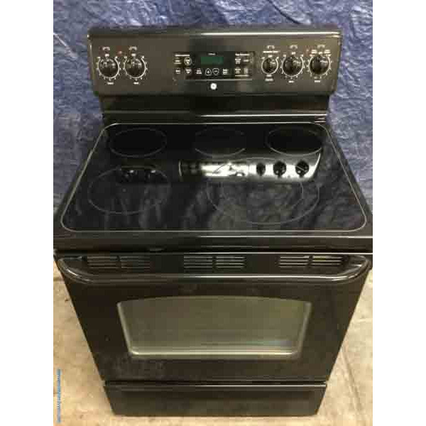 Black Glass-Top Stove by GE, Electric, Self-Cleaning, 5-Burner, 1-Year Warranty!