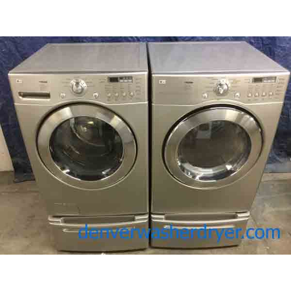 Spectacular Silver LG Front-Load Set on Pedestals, Direct-Drive, Sanitary Cycle