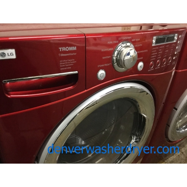 Quality Refurbished Wild-Cherry Colored 27″ LG Stackable Front-Load Direct-Drive HE Steam-Washer & Electric Dryer, 1-Year Warranty
