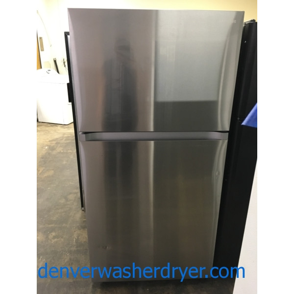 Stellar Samsung Stainless Refrigerator, Top-Bottom, Minor Dents, 21 Cu. Ft., FlexZone Freezer Compartment, Clean and Cold!