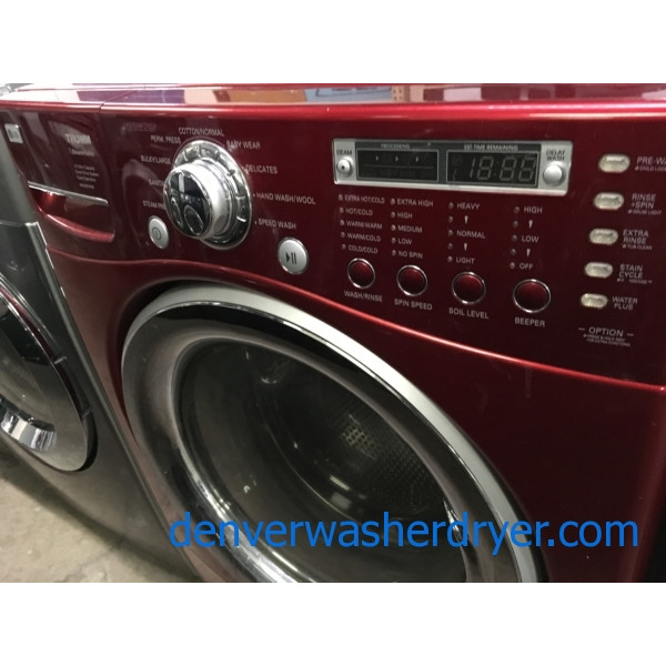 27″ Wild Cherry Colored LG Front-Load Stackable Direct-Drive HE Steam-Washer with Sanitary Cycle & *GAS* Dryer, 1-Year Warranty