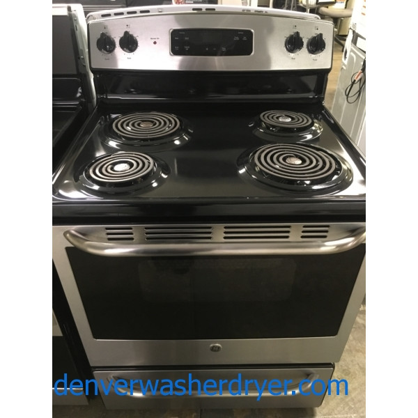 Great GE 30″ Range, Free-Standing, Black/Stainless, 220V, Capacity 5.0 Cu.Ft., Quality Refurbished, 1-Year Warranty!