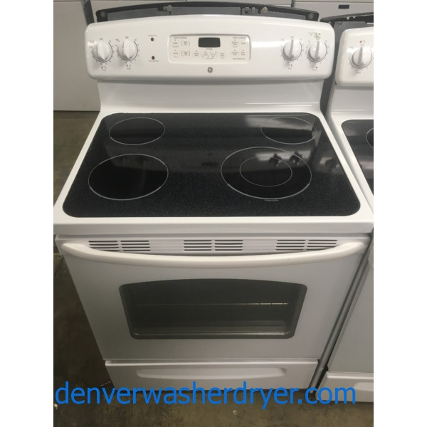 Great GE White Range, Glass Top, 4 Burner, Automatic Oven, Storage Drawer, Quality Refurbished, 30-Day Warranty!