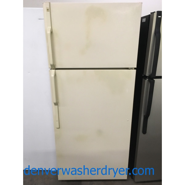 GE Bisque Refrigerator, Top-Mount, 18.0 Cu.Ft. Capacity, Wire Shelves, 28″ Wide, Quality Refurbished, 1-Year Warranty!
