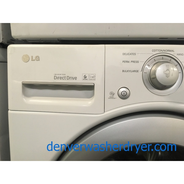 Great LG White Washer and Dryer Set, HE, Water Plus Option, 220V, Stackable, Sense Dry, Wrinkle Care, Quality Refurbished, 1-Year Warranty!