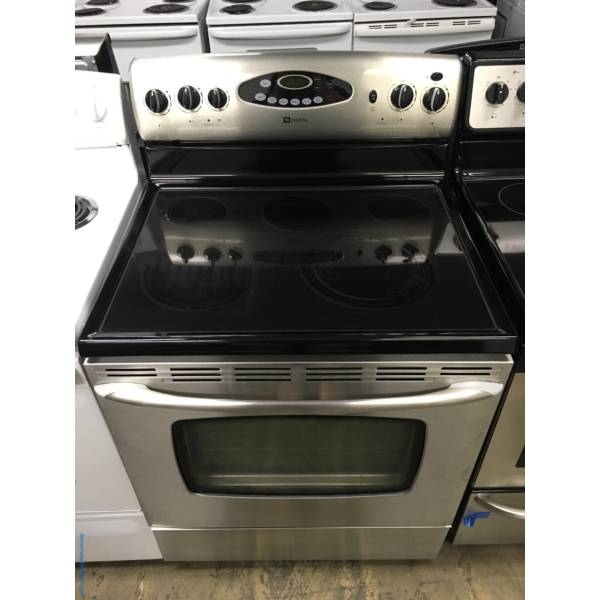 Lovely Maytag Stainless Glass-Top Range, 5 Burner, Dual-Choice Elements, Self-Cleaning, Storage Drawer, 30″ Wide, Quality Refurbished, 1-Year Warranty!