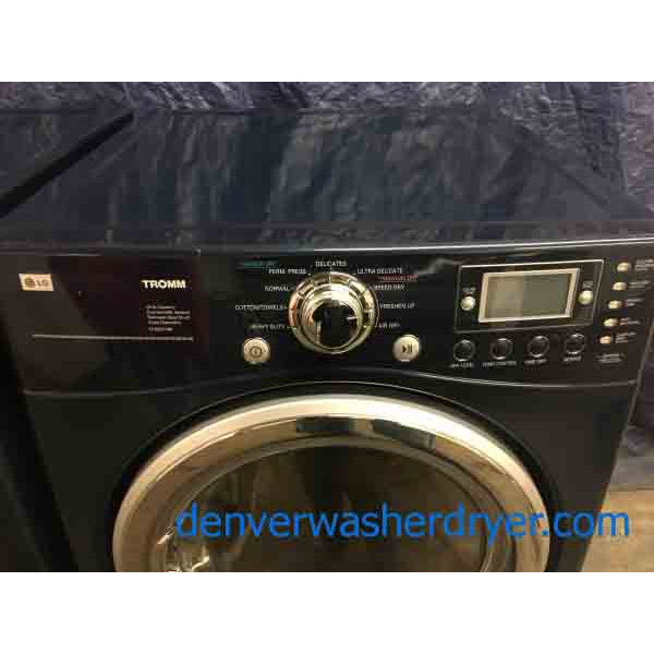 Slick Navy Blue LG Tromm Front Loader Washer & Dryer Set on Pedestals
