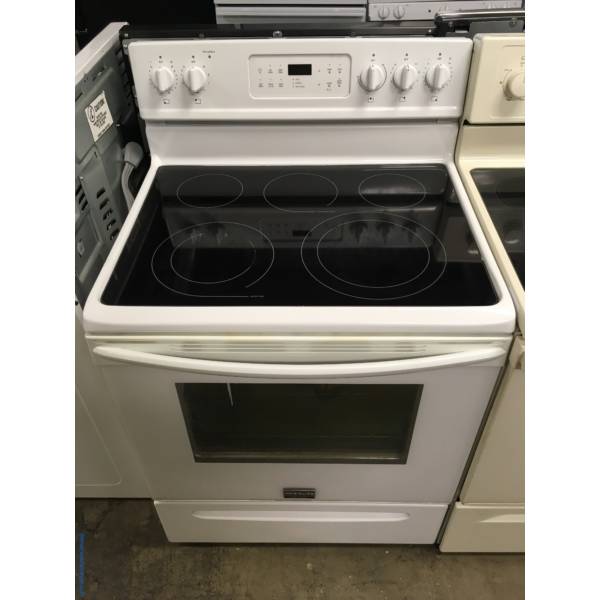 Great Frigidaire White Range, Free-Standing, Glass-Top, 5.7 Cu.Ft. Capacity, 5 Burners, Warm Zone, Self-Cleaning, Quality Refurbished, 1-Year Warranty!
