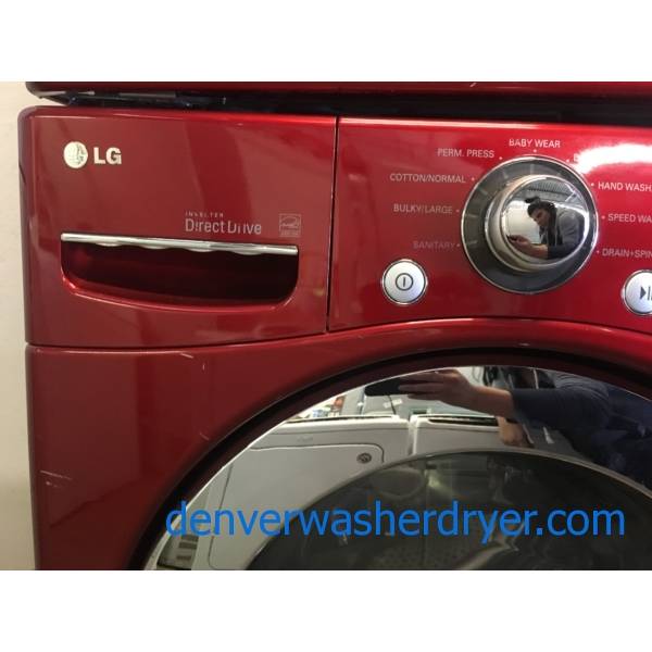 LG Wild Cherry Red Front-Load Set, HE, Auto-Load Sensing, 220V, Sanitary and Baby Wear Cycles, Customizable Program, Stainless Drum, Quality Refurbished, 1-Year Warranty!