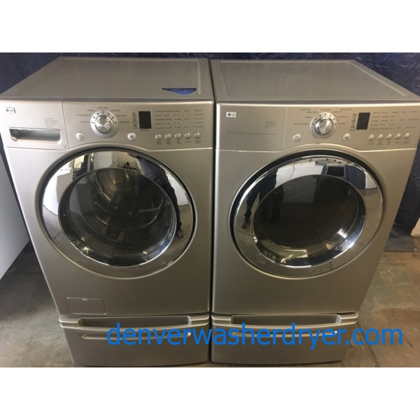 Quality Refurbished 27″ LG Front-Load Stackable Direct-Drive Washer & Electric Dryer Set w/Pedestals, 1-Year Warranty