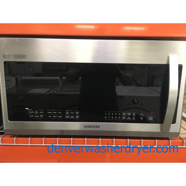 BRAND-NEW 30″ Samsung Chef-Collection Stainless (2.1 Cu. Ft.) Over-the-Range Microwave w/Sensor-Cooking, 1-Year Warranty