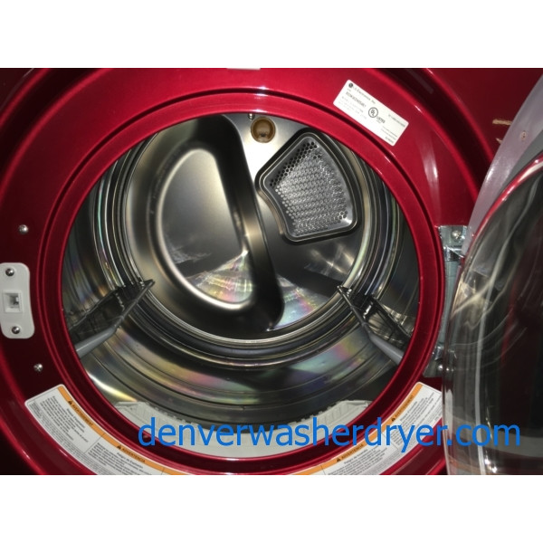 Quality Refurbished Wild-Cherry Colored 27″ LG Stackable Front-Load Direct-Drive HE Steam-Washer & Electric Steam-Dryer w/Pedestals, 1-Year Warranty