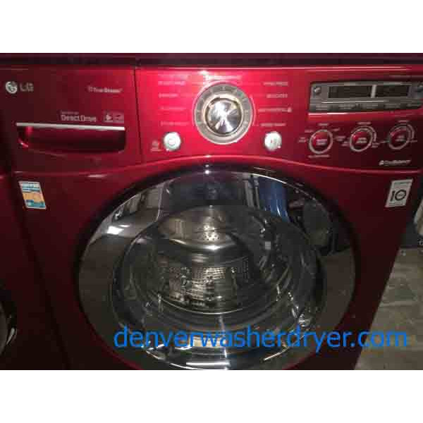 Cherry Red True Steam LG Front-loader Washer/Dryer Set on Pedestals!