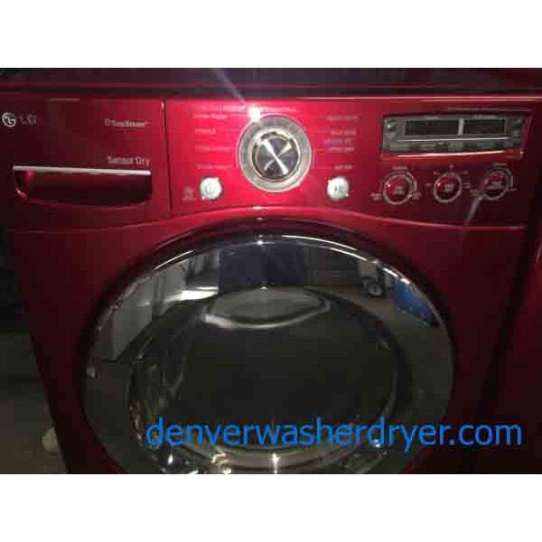 Cherry Red True Steam LG Front-loader Washer/Dryer Set on Pedestals!