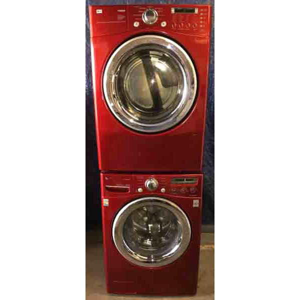 Red LG Front-Load Laundry Set, Steam, 220v, Stackable!