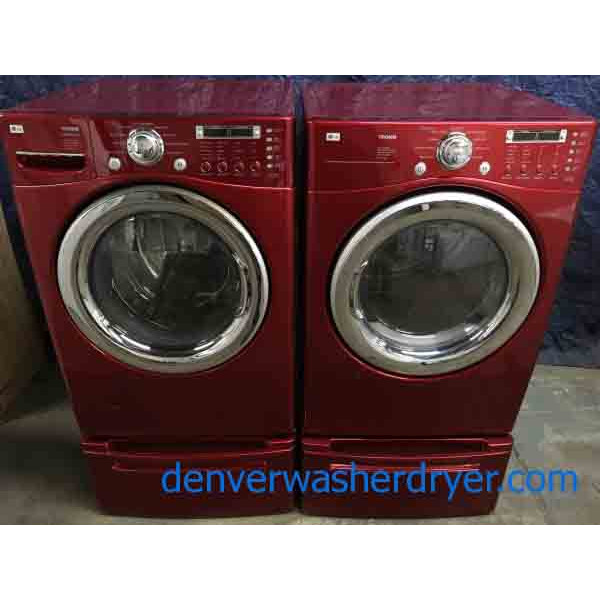 Beautiful Red LG Front Load High Efficiency Washer and Dryer on Pedestals!