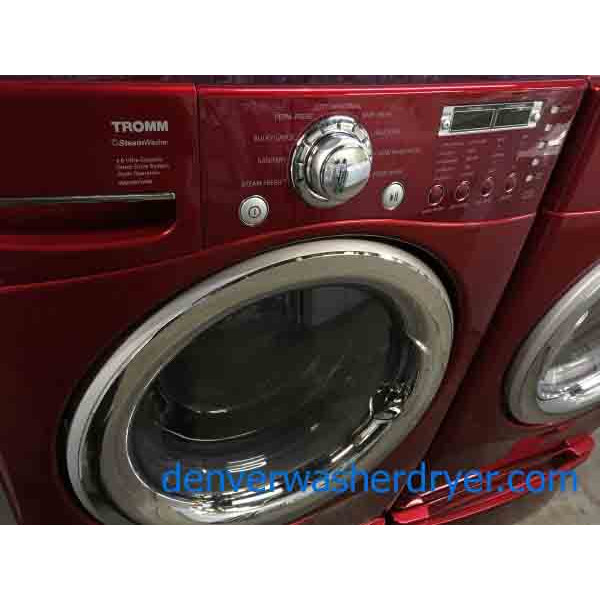 Beautiful Red LG Front Load High Efficiency Washer and Dryer on Pedestals!
