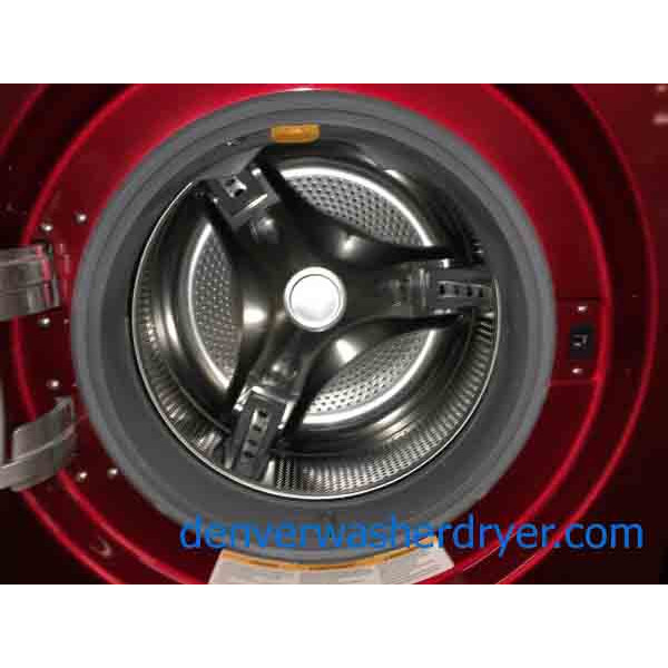 Beautiful Red LG Front Load High Efficiency Washer and Dryer on Pedestals!
