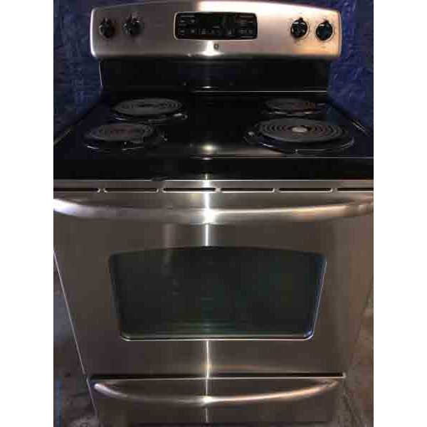 Black and Stainless Coil Top GE Stove, 1-Year Warranty!