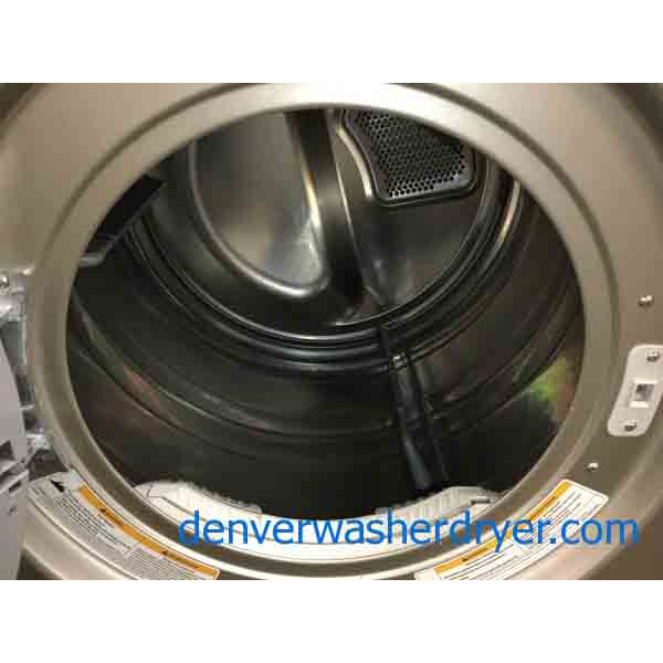 Sleek Silver LG Tromm FrontLoad Laundry Set, Electric, Sanitary Cycle