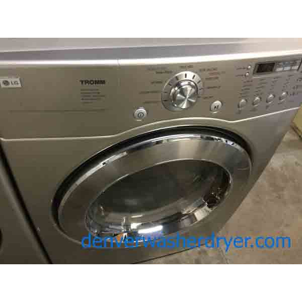 Sleek Silver LG Tromm FrontLoad Laundry Set, Electric, Sanitary Cycle