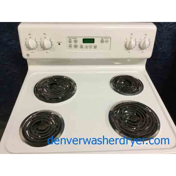 Glorious GE Coil-Top, Self Cleaning Range, 220V, 30″ Wide in White-American Made Amana Washing Machine with Agitator! Full-Size, 1-Year Warranty!-Glorious GE Refrigerator, Large 18 Cu. ft. Capacity, Beige Color, Glass Shelves