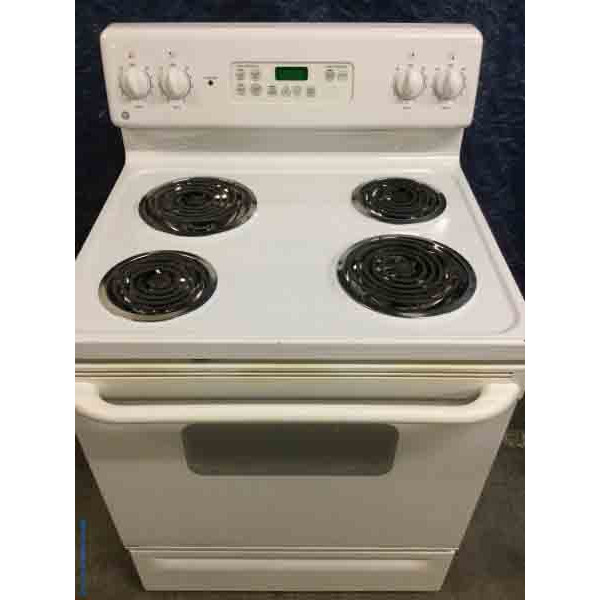 Glorious GE Coil-Top, Self Cleaning Range, 220V, 30″ Wide in White-American Made Amana Washing Machine with Agitator! Full-Size, 1-Year Warranty!-Glorious GE Refrigerator, Large 18 Cu. ft. Capacity, Beige Color, Glass Shelves