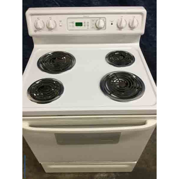 30″ Coil-Top Stove, White, GE, Electric, Self-Cleaning, 1-Year Warranty!