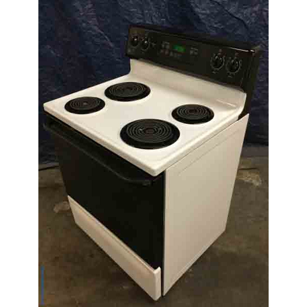 GE 30″ Freestanding Range, Electric Coil-Top, Black & White, Self-Cleaning, 1-Year Warranty!