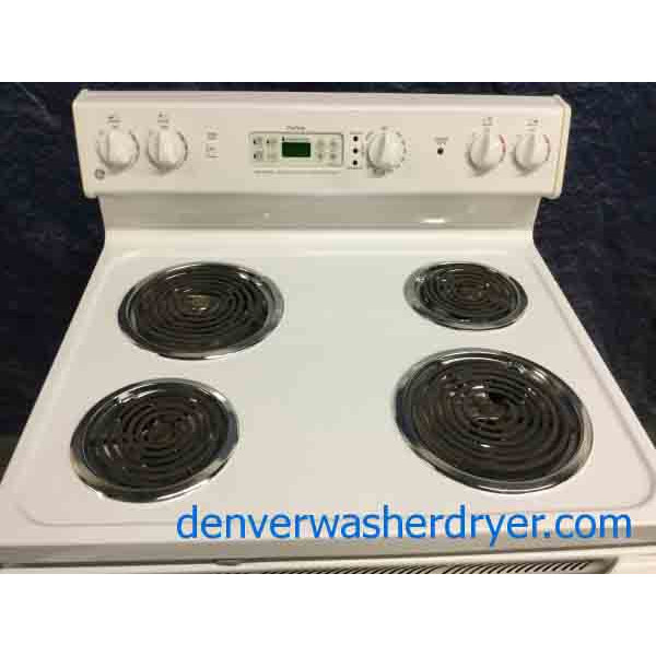 Discount Stove, White GE Coil-Top, Electric, Self-Cleaning, 1-Year Warranty!