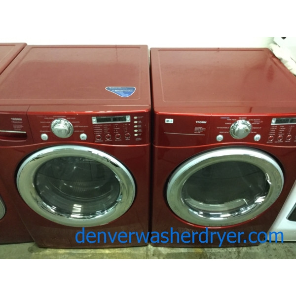 Quality Refurbished Wild-Cherry Colored 27″ LG Stackable Front-Load Direct-Drive HE Steam-Washer & Electric Dryer, 1-Year Warranty