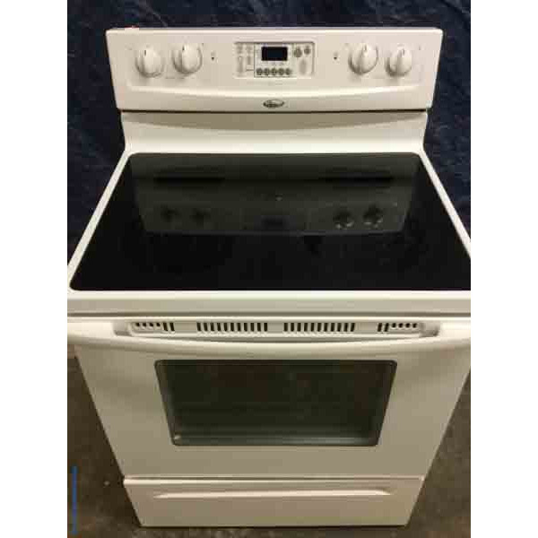 Slick White Glass-Top Stove, 30″ Whirlpool, Electric, 1-Year Warranty
