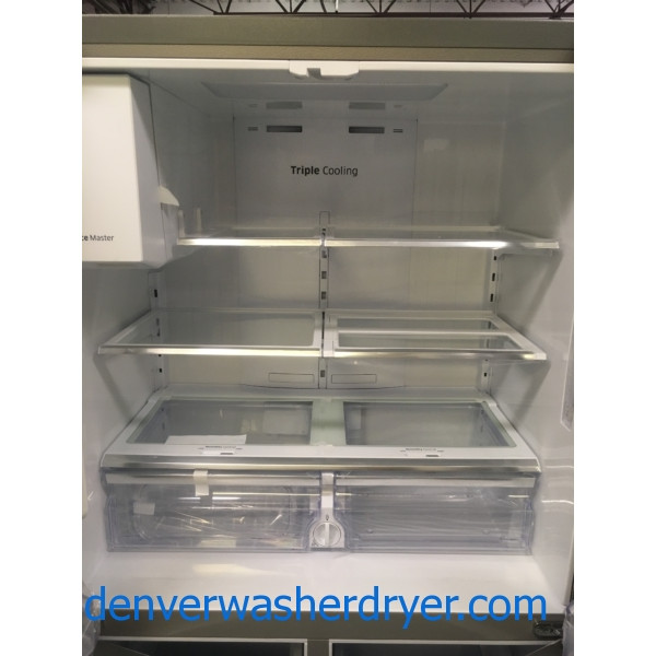 NEW!! Samsung French Refrigerator, Flawless, Counter Depth, 4 Door, Stainless, Samsung Slide In Gas Range, Stainless, Samsung Dishwasher Stainless Steel, Samsung Gallery Chef Stainless Steel Microwave,1-Year Warranty!
