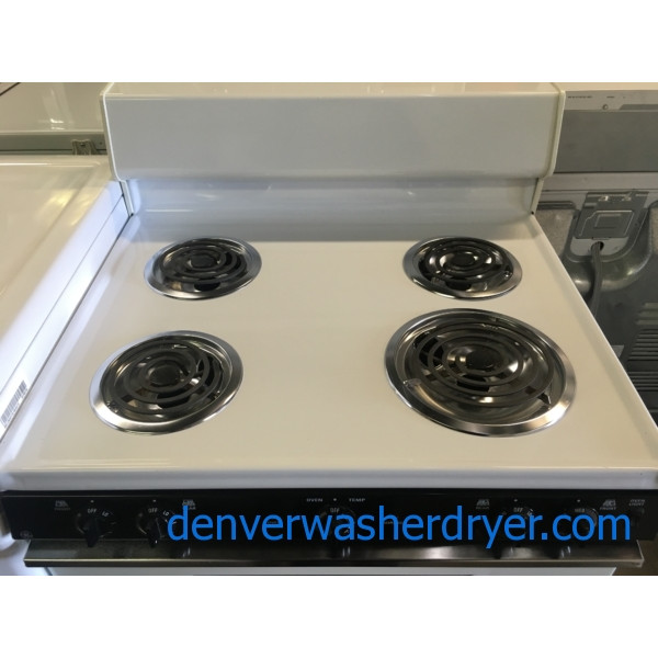 Lightly Used! GE Range, White, 220V, 4 Burners, Storage Drawer, Capacity 5.0 Cu.Ft., Quality Refurbished, 1-Year Warranty!