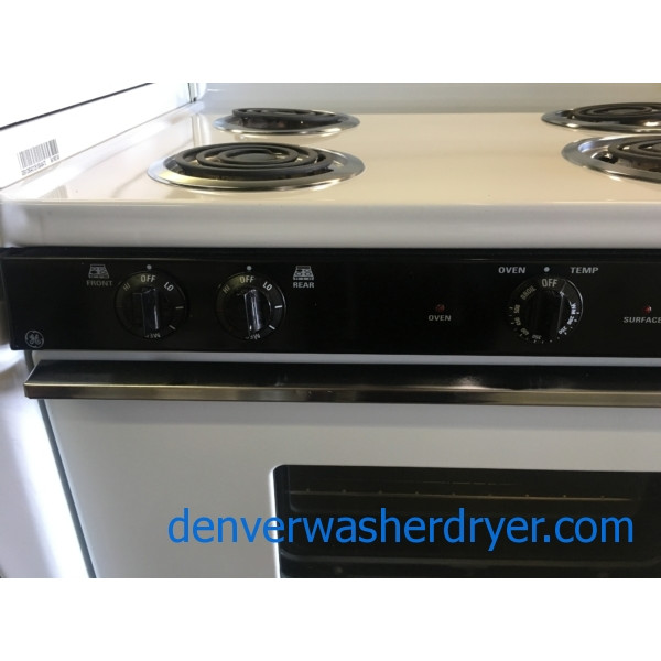 Lightly Used! GE Range, White, 220V, 4 Burners, Storage Drawer, Capacity 5.0 Cu.Ft., Quality Refurbished, 1-Year Warranty!