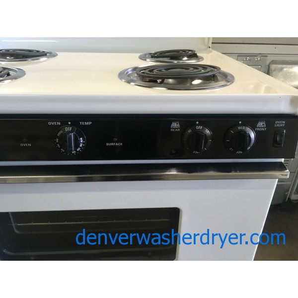 Lightly Used! GE Range, White, 220V, 4 Burners, Storage Drawer, Capacity 5.0 Cu.Ft., Quality Refurbished, 1-Year Warranty!