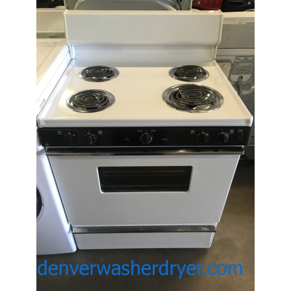 Lightly Used! GE Range, White, 220V, 4 Burners, Storage Drawer, Capacity 5.0 Cu.Ft., Quality Refurbished, 1-Year Warranty!