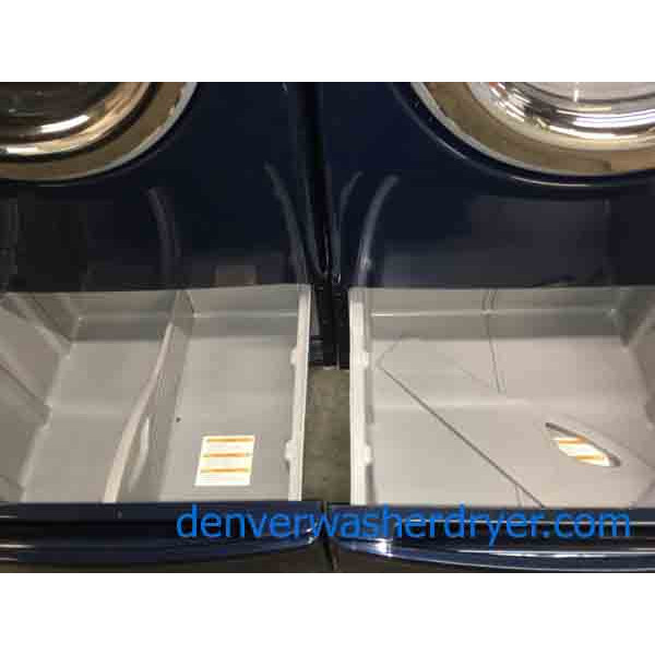 Beautiful Blue LG TROMM FrontLoad Laundry Set on Pedestals, Electric