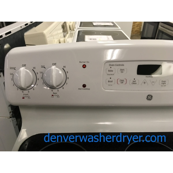 GE White Range, Electric, Glass-Top, 4 Burner, Warming Zone, Self-Cleaning, Storage Drawer, Quality Refurbished, 1-Year Warranty!