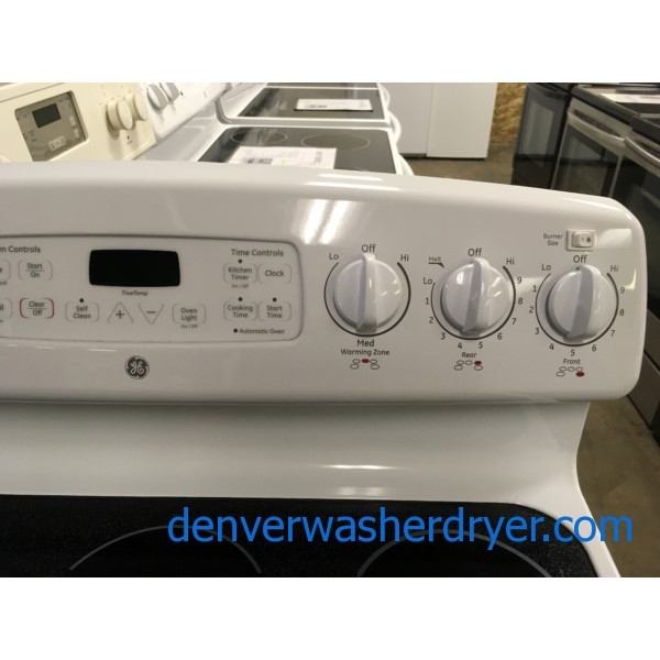 GE White Range, Electric, Glass-Top, 4 Burner, Warming Zone, Self-Cleaning, Storage Drawer, Quality Refurbished, 1-Year Warranty!