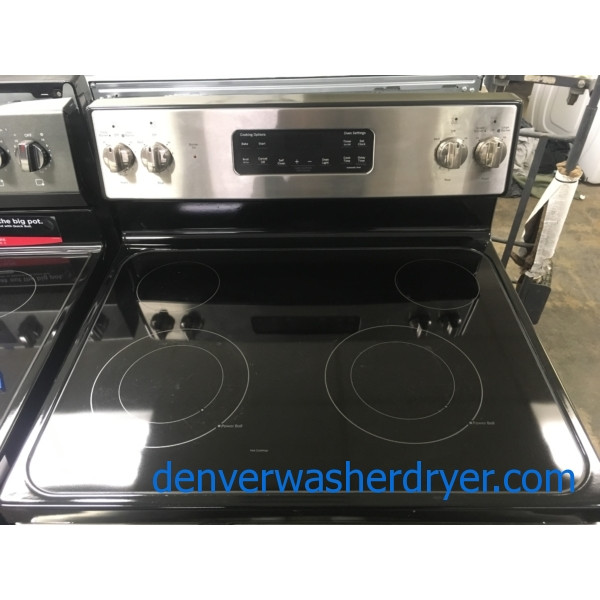 Newer GE Glass-Top Range, Stainless, 4 Burners, Dual Element, Automatic Oven, Storage Drawer, Self-Clean, Quality Refurbished, 30-Day Warranty