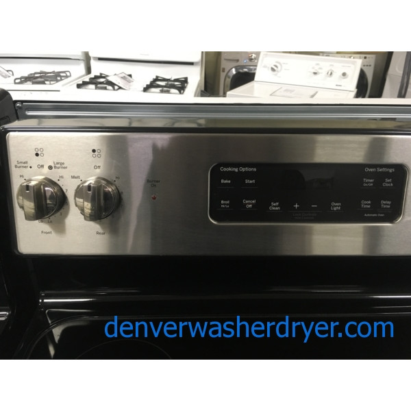 Newer GE Glass-Top Range, Stainless, 4 Burners, Dual Element, Automatic Oven, Storage Drawer, Self-Clean, Quality Refurbished, 30-Day Warranty