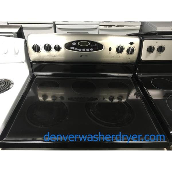 Lovely Maytag Stainless Glass-Top Range, 5 Burner, Dual-Choice Elements, Self-Cleaning, Storage Drawer, 30″ Wide, Quality Refurbished, 1-Year Warranty!