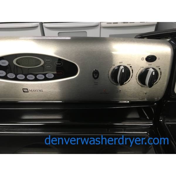 Lovely Maytag Stainless Glass-Top Range, 5 Burner, Dual-Choice Elements, Self-Cleaning, Storage Drawer, 30″ Wide, Quality Refurbished, 1-Year Warranty!