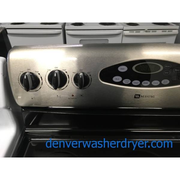Lovely Maytag Stainless Glass-Top Range, 5 Burner, Dual-Choice Elements, Self-Cleaning, Storage Drawer, 30″ Wide, Quality Refurbished, 1-Year Warranty!