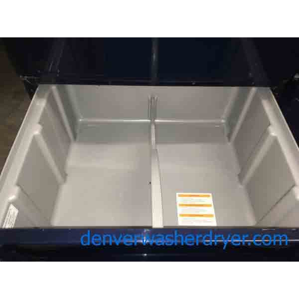 Slick Navy Blue LG Tromm Front Loader Washer & Dryer Set on Pedestals