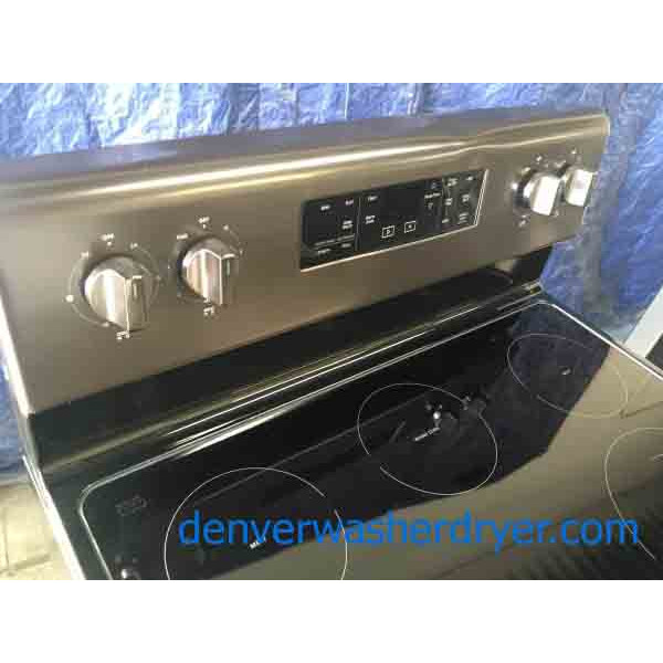 Brand-New (Dent) Whirlpool – 5.3 Cu. Ft. Self-Cleaning, Freestanding, Electric Range, Black Stainless Steel, and 1-Year Warranty