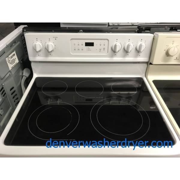 Great Frigidaire White Range, Free-Standing, Glass-Top, 5.7 Cu.Ft. Capacity, 5 Burners, Warm Zone, Self-Cleaning, Quality Refurbished, 1-Year Warranty!