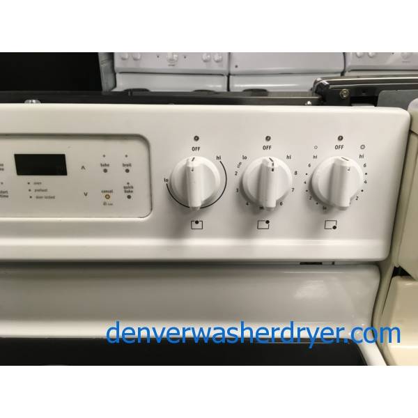 Great Frigidaire White Range, Free-Standing, Glass-Top, 5.7 Cu.Ft. Capacity, 5 Burners, Warm Zone, Self-Cleaning, Quality Refurbished, 1-Year Warranty!